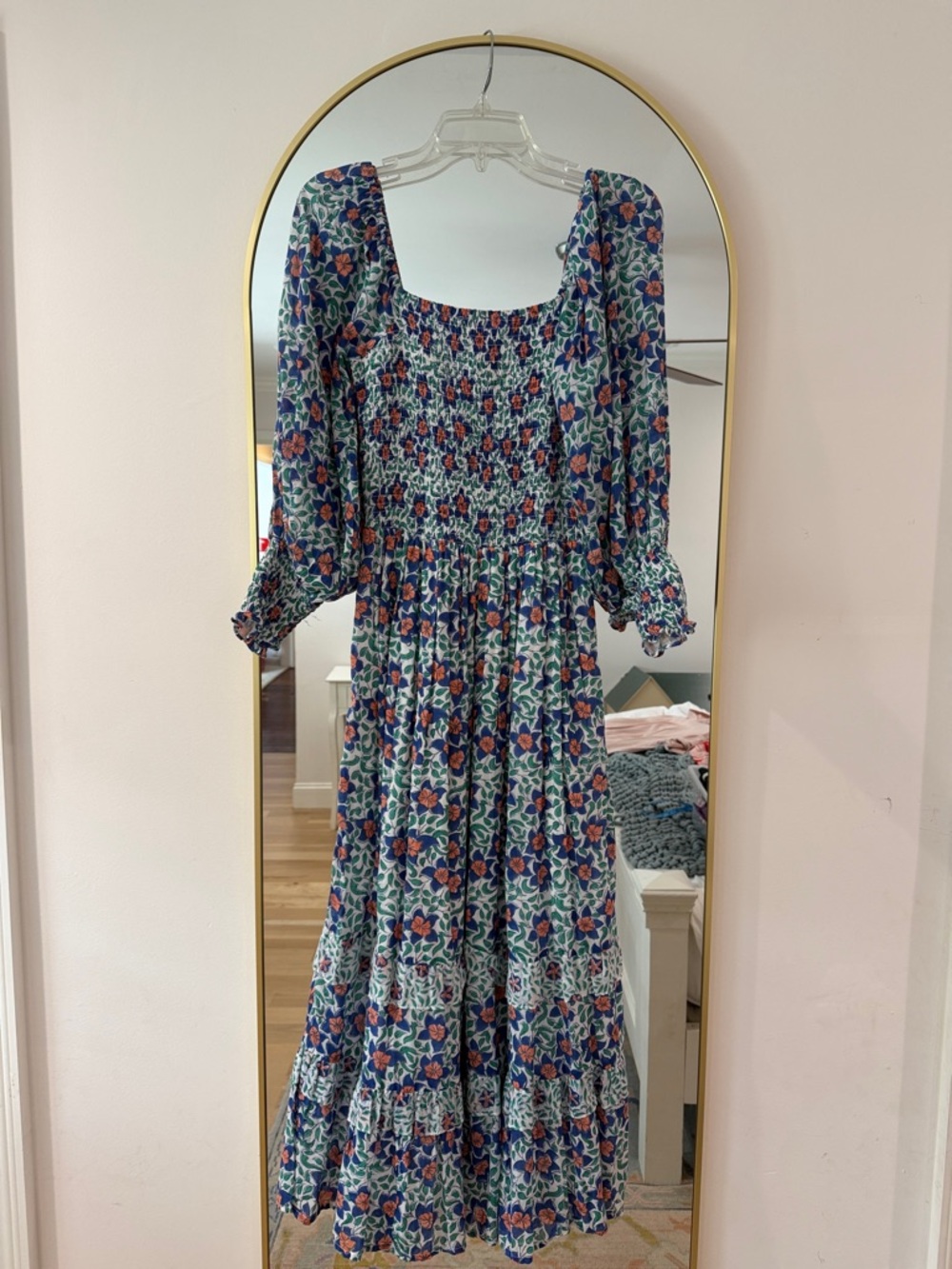 Oliphant Blue Floral Smocked Maxi Dress with Puff Sleeves